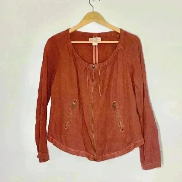 Lucky Brand linen rust terracotta red drawstring lightweight jacket m - Picture 3 of 9
